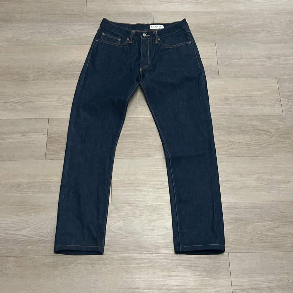 GUSTIN California Straight Raw Selvedge Denim Distressed Jeans 
Men’s Size 33